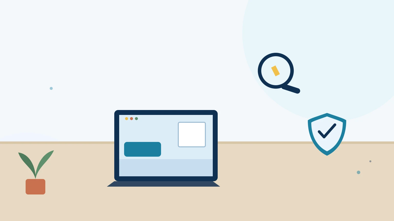 Illustration of a person remotely verifying a property listing on a laptop, with a magnifying glass over a document